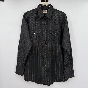 ELY Cattleman Mens Vintage Western Pearl Snap Shirt Black And Metallic Stripes L